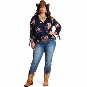 BEACON Size Large Navy Floral Surplice Tie Detail 3/4 Sleeve Business Casual Top